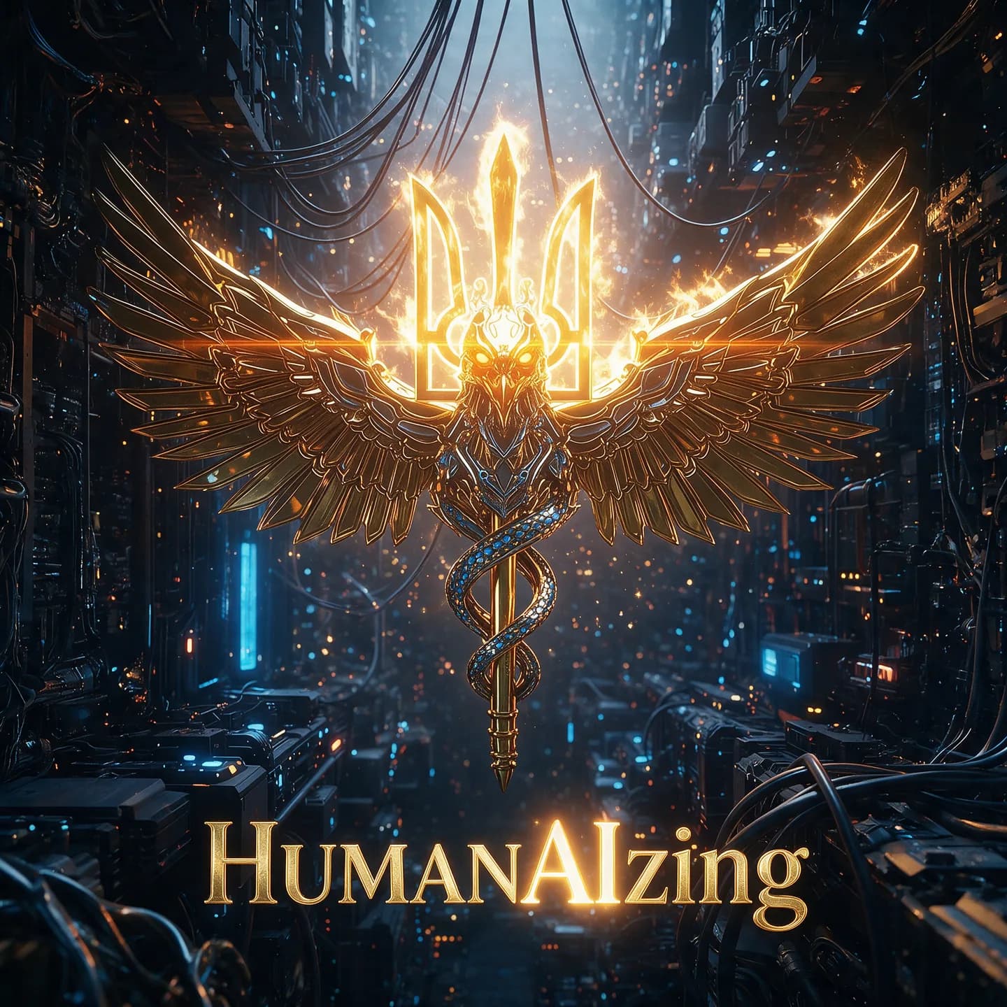 HumanAIzing — AION Music Lab single cover: a golden cyber-phoenix and flaming Ukrainian trident over a cyberpunk data-center